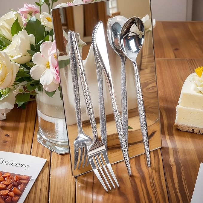 Rubtlamp 180 Pcs Silver Plastic Silverware - Hammered Disposable Silverware - Heavy Duty Plastic Forks And Spoons - Silver Plastic Cultery Include 60 Forks, 60 Knives And 60 Spoons for Wedding&Party