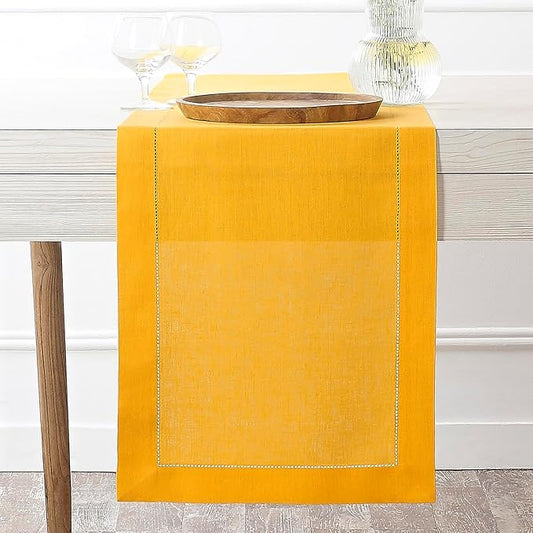 D'Moksha Homes Linen Sunflower Yellow Table Runner 120 Inches Long - 100% Pure Linen Hemstitch 14 x 120 Inch Table Runner for Dining, Winter, Holiday, New Year - Classic Hemstitch