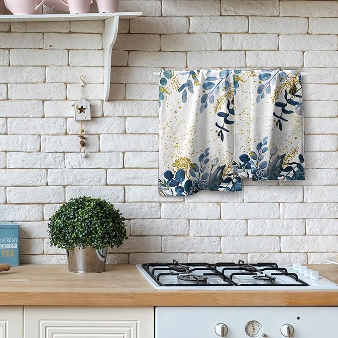 Imiss Navy Blue Eucalyptus Leaves Bathroom Towels 2Pcs, Watercolor Botanical Nature Plant Hand Fingertip Towel 14.4 x 28.3 Inch Multipurpose Kitchen Dish Cloth for Home Spa Yoga Sport Hotel