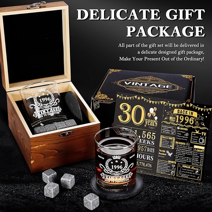 YeohJoy 30th Birthday Gifts for Men,Vintage 1996 Whiskey Glass Set,Wood Box & Whiskey Stones & 1996 Poster Anniversary Card & Coaster,Birthday Gifts Ideas for Him,Husband,Dad