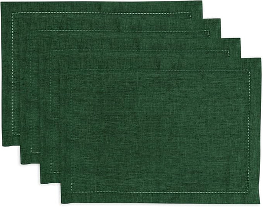 Solino Home Linen Cloth Placemats Set of 4-100% Pure Linen Hemstitch Forest Green Placemats 14 x 19 Inch - Milan Hemstitch Table Place Mats for Winter, New Year