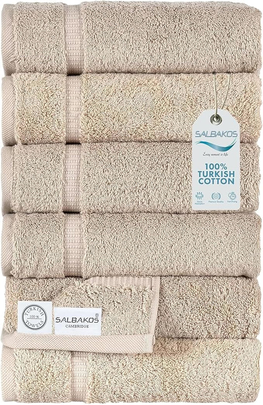 SALBAKOS 100% Turkish Cotton Hand Towel Set of 6 16x30 inch | Heirloom Quality | Hotel & Spa Collection | Ultra Soft, Super Absorbent, Long Lasting Hand Towels | Made in Turkey (Taupe, 6 Hand Towels)
