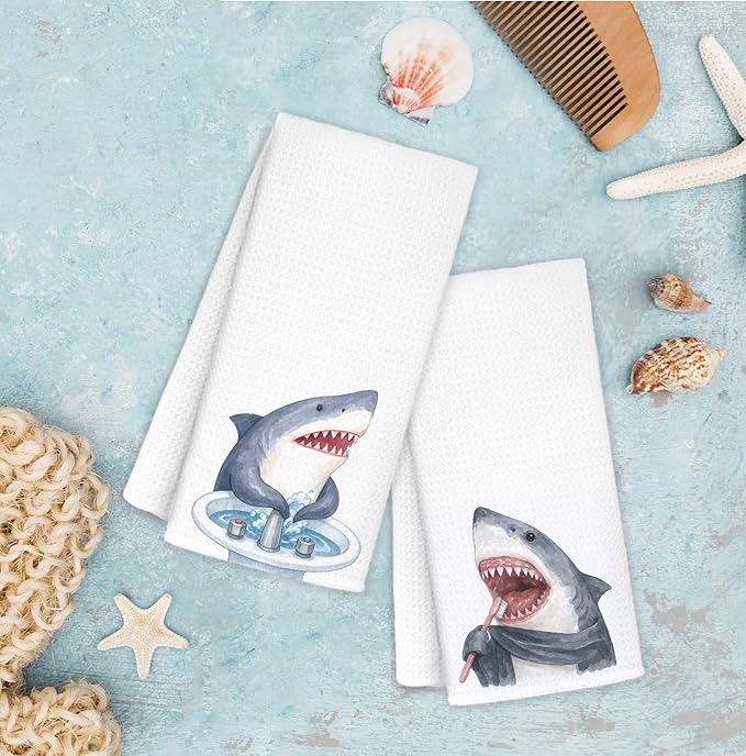 Shark Hand Towels,Toddler Bathroom Decor,Beach Towels,Coastal Beach Kids Bathroom Decor,Funny Shark Lovers Gifts 16x24 Inch Set of 2