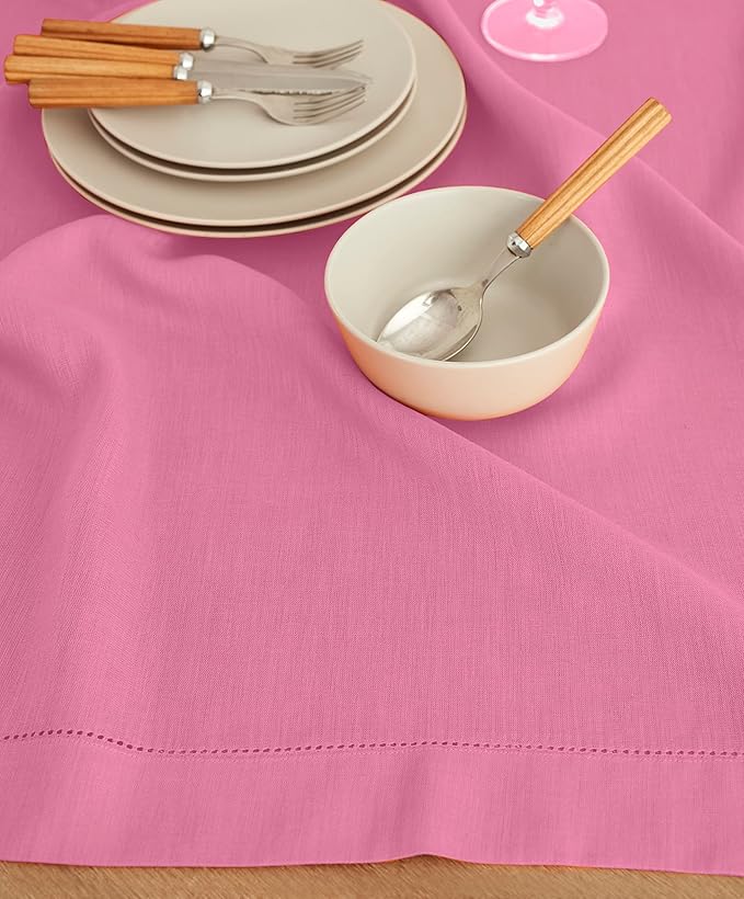 Solino Home Square Linen Tablecloth 52 x 52 Inch - 100% Pure Linen Flamingo Pink Table Throw - Classic Hemstitch, Machine Washable Table Cloth for Valentines