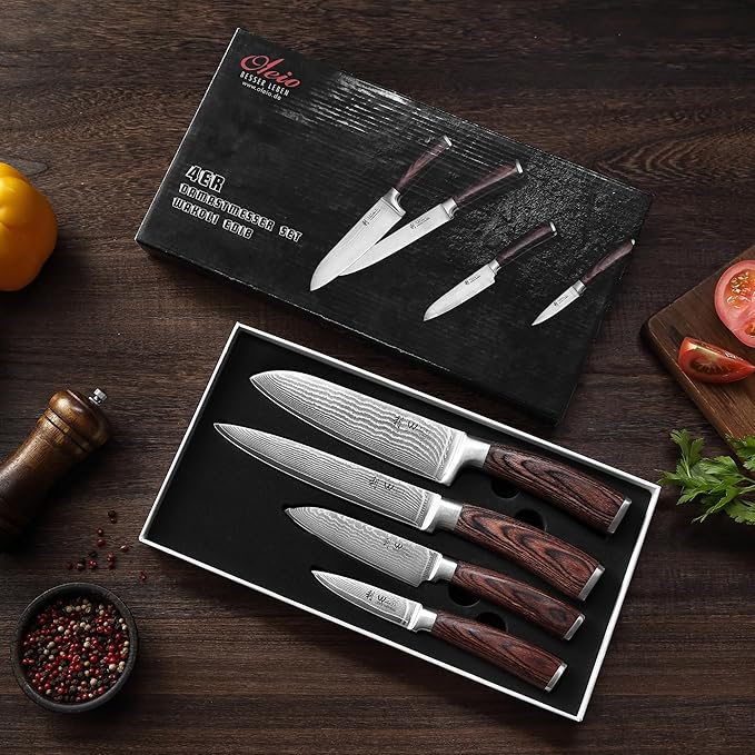 Wakoli EDIB 4-Piece Damascus Knife Set – Professional Chef Knives Set with VG10 Core Blades, 67-Layer Damascus Steel and Ergonomic Pakkawood Handles – Premium Kitchen Knives in Elegant Gift Box