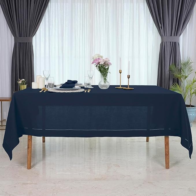 D'Moksha Homes Navy Blue Linen Tablecloth for Rectangle Tables 60 x 84 Inch - Classic Hemstitch 100% Pure Linen Navy Table Cloth - Machine Washable Dining Tablecloth for Christmas, Holiday, New Year