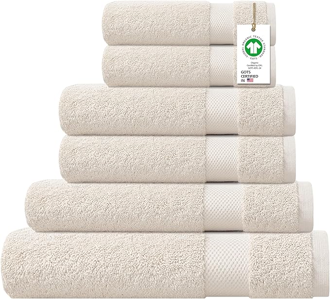 Delara 100% Organic Cotton Towel 650 GSM Plush Feather Touch Quick Dry Towel, 6-Piece Towel Set GOTS Certified, Oeko-Tex Green Certified, 1 Bath Towel, 1 Bath Sheet, 2 Hand Towels & 2 Wash Cloths