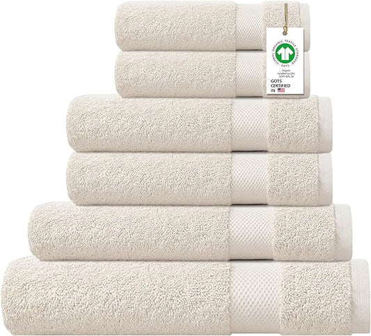 Delara 100% Organic Cotton Towel 650 GSM Plush Feather Touch Quick Dry Towel, 6-Piece Towel Set GOTS Certified, Oeko-Tex Green Certified, 1 Bath Towel, 1 Bath Sheet, 2 Hand Towels & 2 Wash Cloths