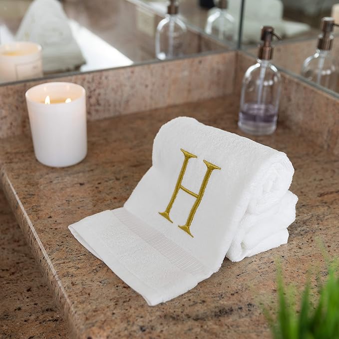 Monogrammed Hand Towels for Bathroom - Luxury Hotel Quality Personalized Initial Decorative Embroidered Bath Towel for Powder Room, Spa - GOTS Organic Certified - Set of 2 Gold Letter H