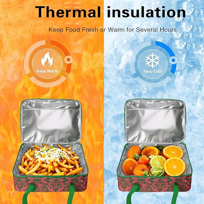 Lestyn Insulated Casserole Baking Dish Carrier Portable Lunch Tote Bag Fits Up to 9"x13" Pan for Transport to Keep Food Hot/Cold for Gathering/Potluck Parties/Cookouts/Picnics - Pink/Green