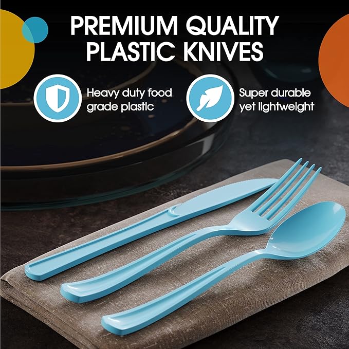 Party Solids Light Blue Plastic Forks 200 Pcs Light Blue Forks Disposable Utensils Heavy Duty Plastic Cutlery Set Disposable Cutlery Sets Flatware Sets Silverware Set Party Supplies & Party Tableware