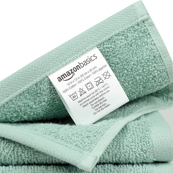 Amazon Basics Washcloth for bathroom, 100% Cotton Extra Absorbent , Fast Drying - salon towels - 24-Pack Seafoam Green, 12 x 12 inches