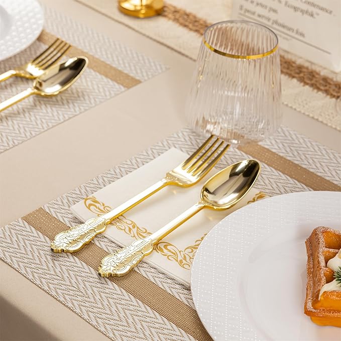 N9R 200PCS Gold Spoons and Forks Set, Heavy Duty Gold Plastic Silverware Set Fancy Disposable Utensils for Parties, Elegant Cutlery Sets for Wedding, Birthday(100 Forks & 100 Spoons)