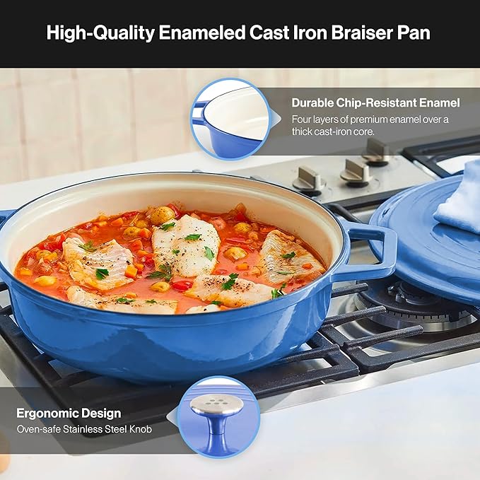 Misen 5.5 QT Braiser – Enameled Cast Iron Pan for Searing, Braising & Slow Cooking – No-Chip Enamel Coating – Extra-Wide Handles – Superior Heat Retention & Even Cooking - Blue