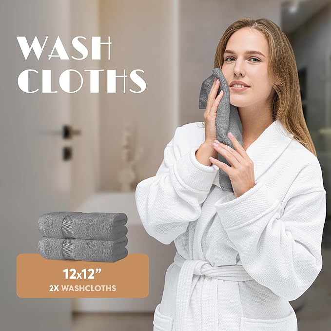 Light Gray Bath Towel Set of 6 - 100% Cotton Highly Absorbent Towels for Bathroom, 2 Luxury Bath Towels 650GSM, 2 Hand Towels, 2 Washcloths