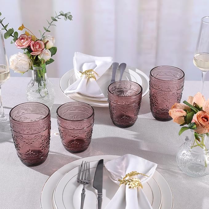 Purple Glassware set of 4, 10OZ Drinking Glasses, Purple Heavy Duty Glass Cups, Colored Glassware Set, Embossed Glasses Set for Party Wedding Home Office Gift