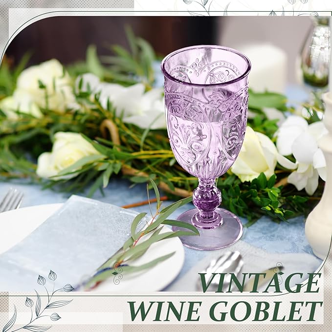 48 Pcs Plastic Goblets 7.5oz Vintage Goblet Plastic Wine Glasses Colored Retro Embossed Water Goblets for Wine Bar Juice Baby Shower Wedding Reception Grand Event Party (Purple)