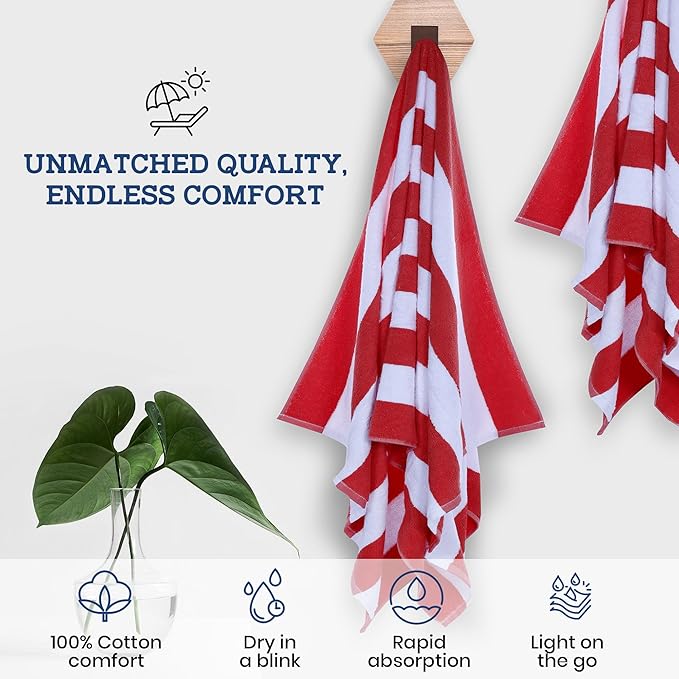 Casa Lino Large Beach Towel Set - Beach Towels Oversized - Highly Absorbent & Quick Dry Pool Towels - Soft 100% Cotton Large Bath Towel Set - 60" x 30" - Pack of 4 - (Calementine Sea Red)