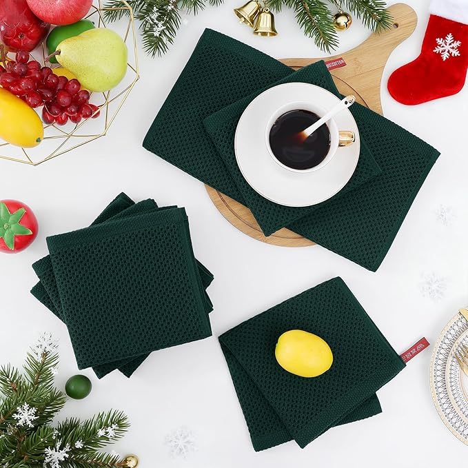 Homaxy 100% Cotton Waffle Weave Kitchen Dish Towels, Ultra Soft Absorbent Quick Drying Cleaning Towel, 13 x 28 Inches, 12-Pack, Blackish Green