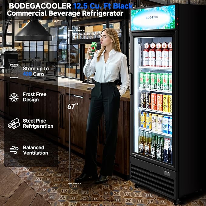 BODEGACOOLER Commercial Beverage Refrigerator, 12.5 Cu. Ft Black Commercial Merchandiser Refrigerator, LED Light/Adjustable Shelves,Upright Large Display Refrigerator For kitchen/Office/Home/Garage.
