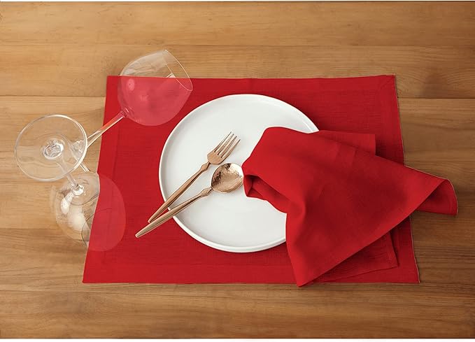 Solino Home Red Linen Napkins Set of 6-100% Pure Linen Cloth Washable Dinner Napkins 20 x 20 Inch for Valentines, Holiday, Winter, New Year - Fete