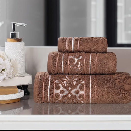 Superior Cotton 3 Piece Towel Set, Includes 1 Bath, 1 Hand, 1 Washcloth/Face Towel, Quick Dry, Home Essentials, Shower, Spa, Luxury Plush Soft Absorbent Towels, Zero Twist, Jacquard Floral, Chocolate