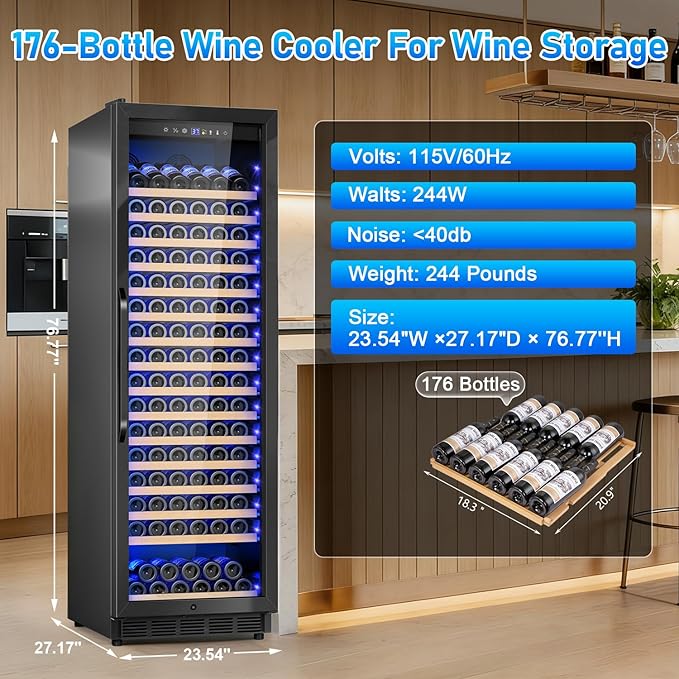 24" Wine Cooler Refrigerator Black, 24 Inch Wide Large Capacity Freestanding/Built in Wine Fridge for 176 Bottles with Safety Lock, Professional Wine Cellar with Glass Door