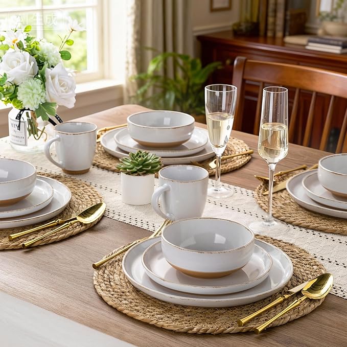 AmorArc Ceramic Dinnerware Sets with Pasta Bowls for 4, Handpainted Plates and Bowls Set with Rustic Terracotta Underside, Scratch Resistant Dishes Set, Dishwasher & Microwave Safe, 16 Pcs-White