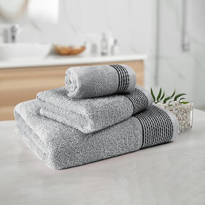 Belizzi Home Ultra Soft 3 Pack Cotton Towel Set, Contains a Bath Towel 28x55 inch, a Hand Towel 16x24 inch & a Wash Coth 12x12 inch, Ideal Everyday use, Compact & Lightweight -Light Grey