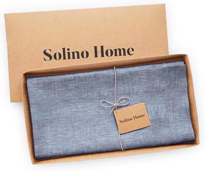 Solino Home Linen Cloth Tablecloth 52 x 52 Inch - 100% Pure Linen Chambray Indigo Square Tablecloth - Athena, Machine Washable Table Throw for Christmas, New Year