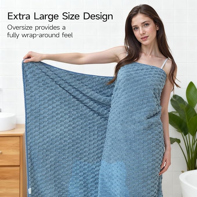 REDKISS Blue Microfiber Bath Towels Set of 6-35x70 Inches Oversized Bath Sheets, Extra Large Bath Towels Set of 6 for Adults, Super Soft Waffle Microfiber Shower Towels for Bathroom Hotel Towel
