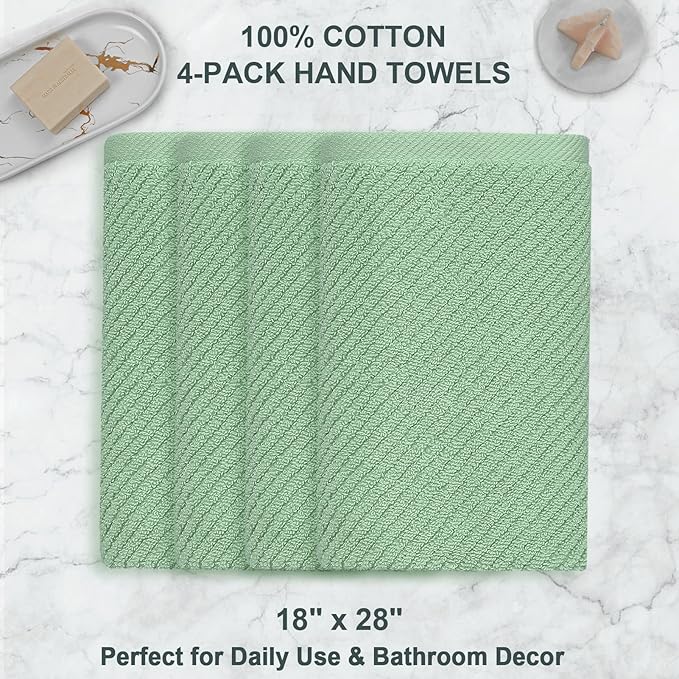 VOOVA & MOVAS Hand Towels for Bathroom Set of 4, Large 18" x 28", 100% Cotton | Lightweight | Thick | Quick Dry | Soft | Absorbent, Sage Green Hand Towels, Bathroom Essentials