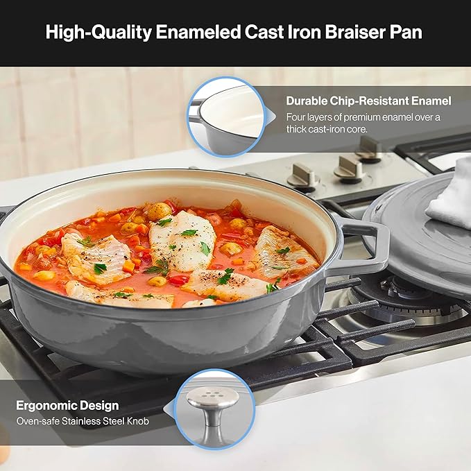 Misen 5.5 QT Braiser – Enameled Cast Iron Pan for Searing, Braising & Slow Cooking – No-Chip Enamel Coating – Extra-Wide Handles – Superior Heat Retention & Even Cooking - Gray