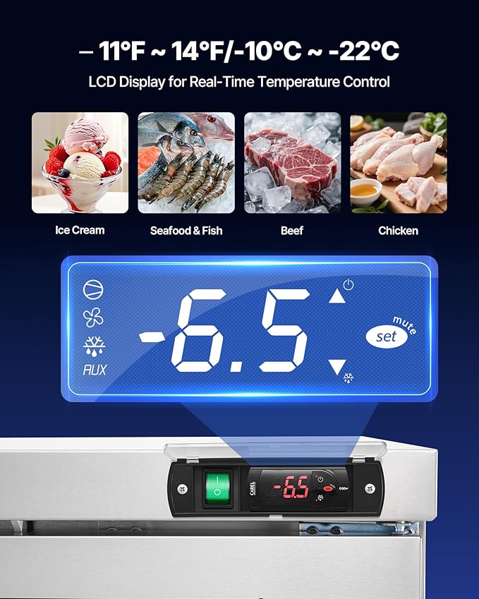 VEVOR 60" W Commercial Freezer, 14.8 Cu.Ft Worktop Freezers Undercounter with LED Auto Lighting and Lockable Door, 2 Doors Food Freezing Prep Worktable, Stainless Steel Prep Frozen Table with Casters