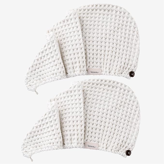 100% Organic Cotton Hair Drying Waffle Towel Wrap for Women | Absorbent & Quick Dry Head Turban for Wet Hair in Shower Sauna Spa, Extra Large for Long Straight Curly Plopping Button (White, 2 PACK)