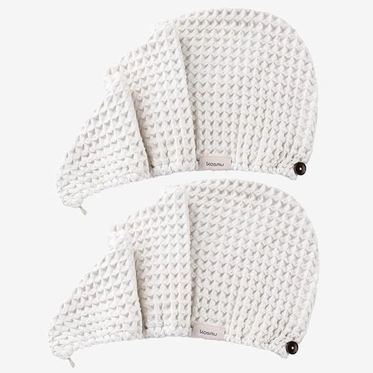 100% Organic Cotton Hair Drying Waffle Towel Wrap for Women | Absorbent & Quick Dry Head Turban for Wet Hair in Shower Sauna Spa, Extra Large for Long Straight Curly Plopping Button (White, 2 PACK)