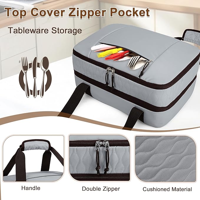 Trunab Insulated Casserole Carrier for Hot or Cold Food, Double Thermal Food Containers, Fit 9x13 Inches Baking Dish Foil Pans, For Picnic Cookouts, Potluck Parties, Beach,Beige (Grey)