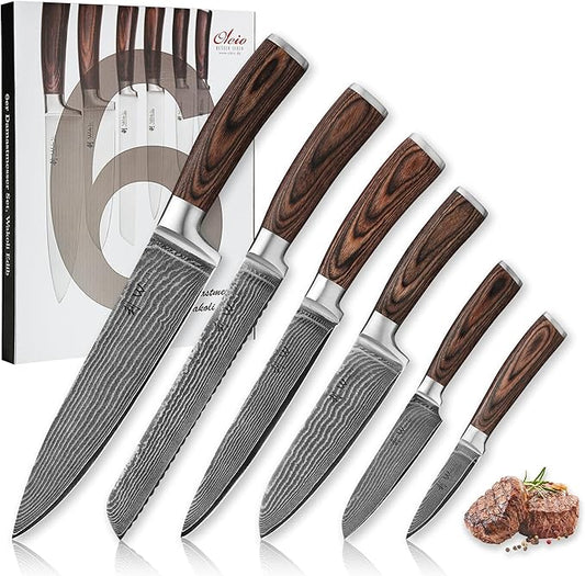 Wakoli EDIB 6-Piece Damascus Knife Set – Professional Chef Knives Set with VG10 Core Blades, 67-Layer Damascus Steel and Ergonomic Pakkawood Handles – Premium Kitchen Knives in Elegant Gift Box