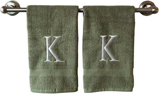 Sage Initial Hand Towel for Bathroom - Monogrammed Luxury Hotel Quality Decorative Embroidered Towel for Powder Room, Spa - GOTS Organic Certified - Set of 2 Letter K