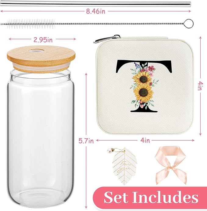 AYGXU Graduation Gifts for Her,Initial Glass Cup with Bamboo Lid Straw, Trendy Travel Jewelry Case, Monogrammed Gifts for Women, Personalized Mothers Day, Birthday Gifts for Her Mom.Initial T white