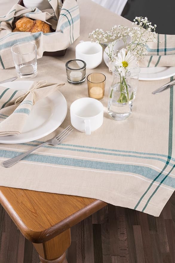 DII French Stripe Tabletop Collection Farmhouse Style Dining Table Linen Tablecloth, 60x84, Taupe/Teal