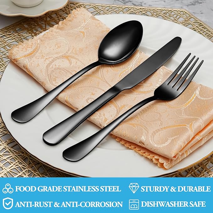 20 Pcs Black Silverware Set, Stainless Steel Flatware Set Service for 4, Mirror Polished Cutlery Utensil Set, Durable Home Kitchen Eating Tableware Set, Include Fork Knife Spoon Set, Dishwasher Safe