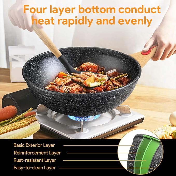 Nonstick Wok Aluminium Die-casting Chinese Wok, Scratch Resistant With Lid and Spatula, PFOA-Free, Dishwasher Safe & Induction Bottom,12 Inch,6L,Large Capacity