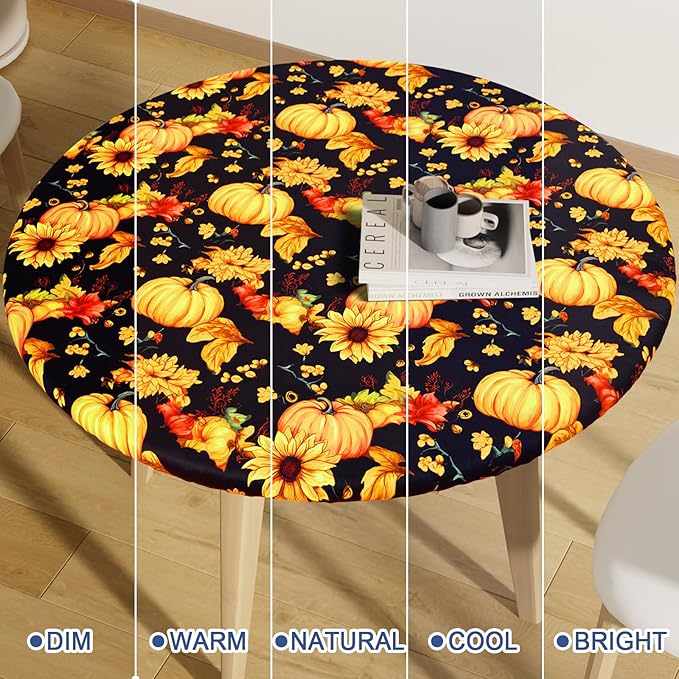 Round Spandex Thanksgiving Tablecloth, Elastic Fitted Waterproof Tablecloths for 57"-68" Tables, Stretch Washable Picnic Table Cover for Autumn Harvest Parties, Pumpkin Sunflower