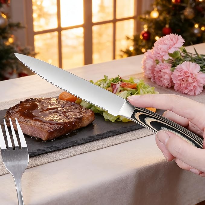 Pakkawood Steak Knives Set of 12, 12PCS Set of Stainless Steel Serrated Steak Knives with Pakka Wood Handle, Fine Edge Dinner Knife Set with Gift Box for Home Party