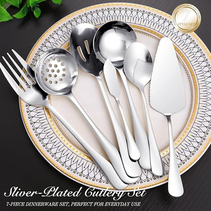 MWELLEWM 17Pcs Serving Utensils, Silver Stainless Steel Large Serving Spoons, Slotted Spoon, Fork, Tongs, Cake Pie Server, Soup Spoon Metal Buffet Banquet Cutlery Set for Parties Entertaining Catering