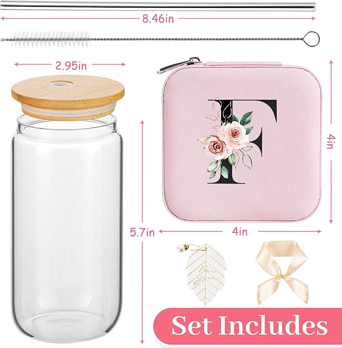 AYGXU Bridesmaid proposal gifts,Travel Initial Jewelry Box for Girls,Travel Jewelry Case,Initial Glass Cup,Cute Tumbler Cup,Small Jewelry Organizer for Teen Girls Gifts,Initial F pink