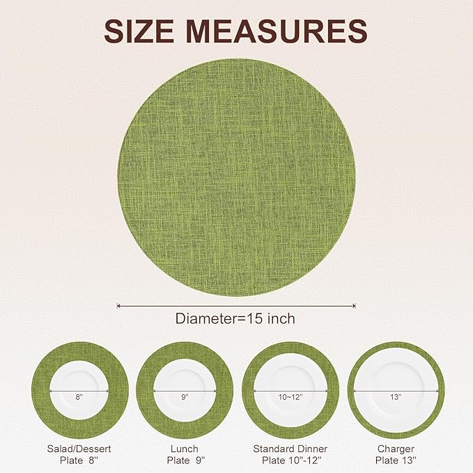 homing 15 Inch Round Cloth Placemats Set of 4, Cotton Linen Blend Washable Table Mats, Farmhouse Dining Place Mats for Indoors & Outdoors, Easy to Clean, Grass Green