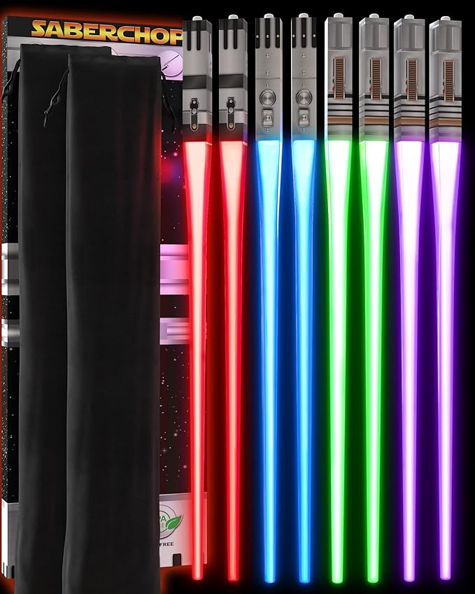 LIGHTSABER CHOPSTICKS LIGHT UP STAR WAR CHOPSTICK LED Glowing Light Saber Chop Sticks REUSABLE Sushi Sabers Cool Fun Geeky STARWAR Chop Stick Set Darth Red Green Blue Purple | 4 Pairs CASE GIFT BOX