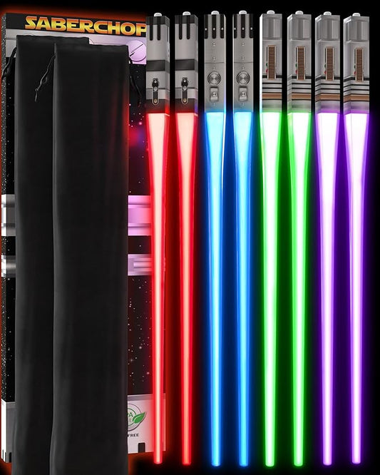 LIGHTSABER CHOPSTICKS LIGHT UP STAR WAR CHOPSTICK LED Glowing Light Saber Chop Sticks REUSABLE Sushi Sabers Cool Fun Geeky STARWAR Chop Stick Set Darth Red Green Blue Purple | 4 Pairs CASE GIFT BOX